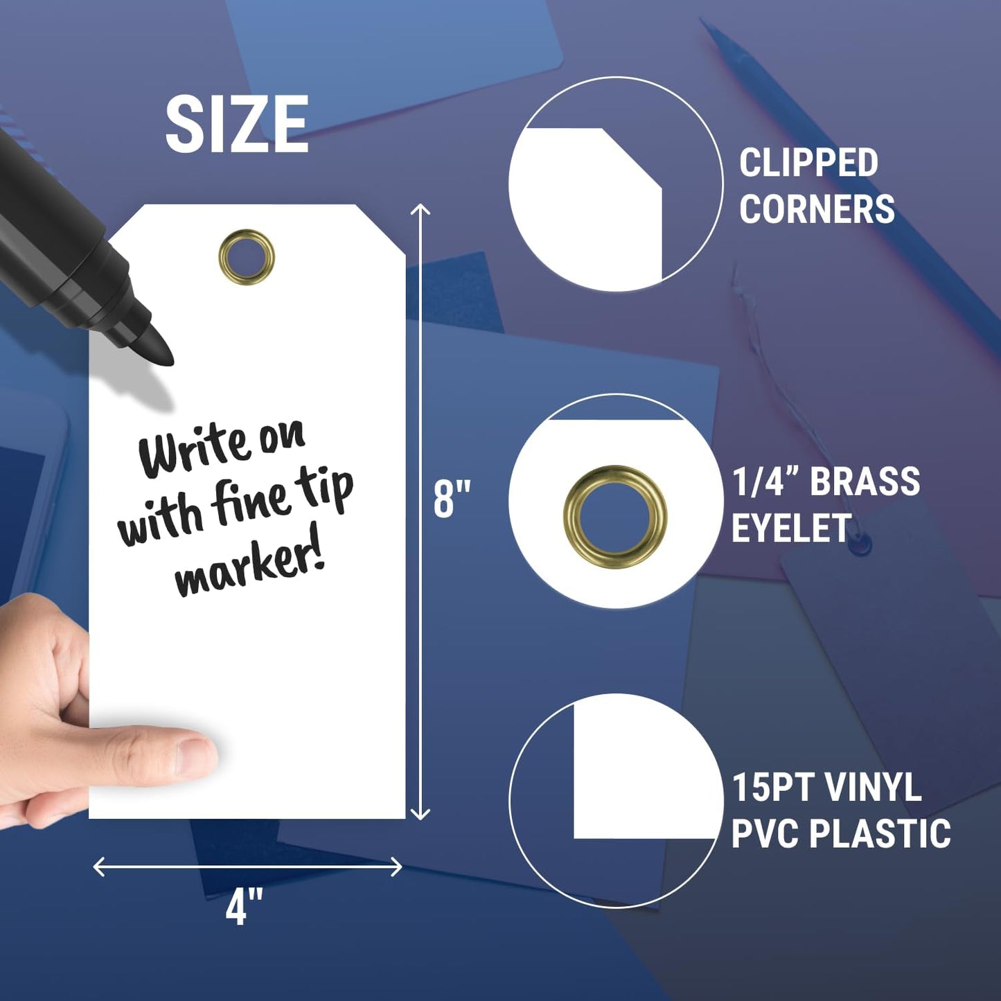 Tags 4 Less 15 Mil Waterproof Plastic Tags, Pack of 100 – 4” x 8” Heavy Duty Plastic Tags for Labeling, Outdoor Tagging, Equipment Labeling, Luggage, Valves & More (White)