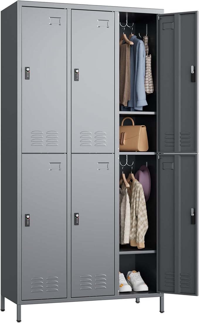 6 Doors Metal Locker for Employees with Combination Locks,Metal Lockers with Business Card Holder and 18 Hooks for School Garage Office Gym Home,Assembly Required,Dark Grey
