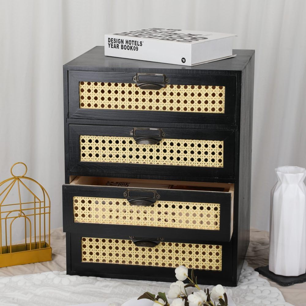 Large Wooden Drawer BoHo Desk Organizers Wooden Storage Dox with Drawers Rattan Paper Storage Drawer Wood File Organizer Library Card Catalog Cabinet Apothecary Cabinet (L-BLACK)