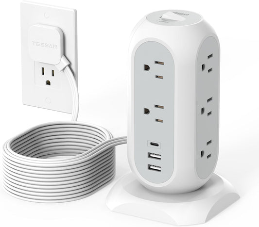 15 ft Extension Cord Tower Power Strip, 11 Outlets 3 USB(1 USB-C) Chargers, TESSAN Surge Protector with Multi Plug Outlet, 1050J Protection, Office Supplies, Desk Accessories, School Dorm Essential