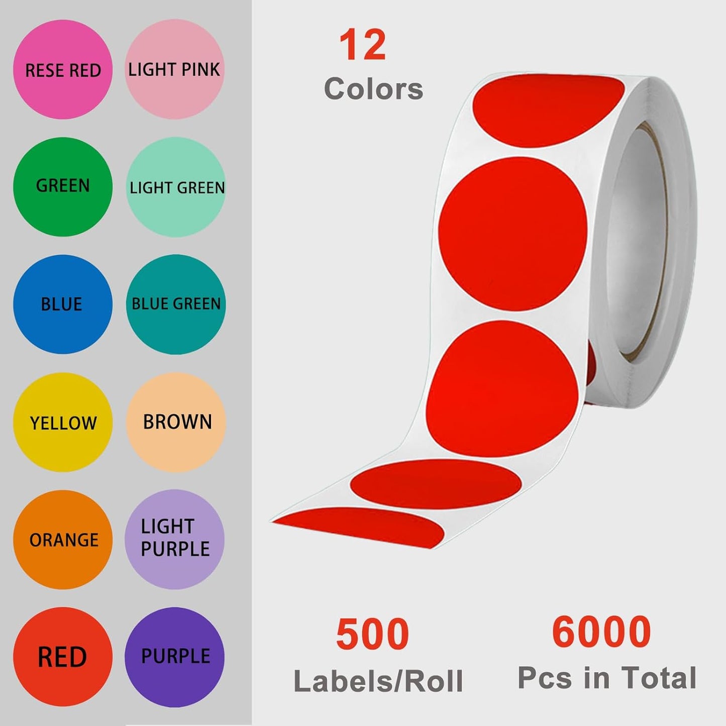 6000 PCS 1" Colored Dot Stickers Circle Color Coding Labels, 12 Color Style Colorful Coding Label Sticker for Garage Sale, Office, Student Classroom (6000Pcs, 12 Colors)