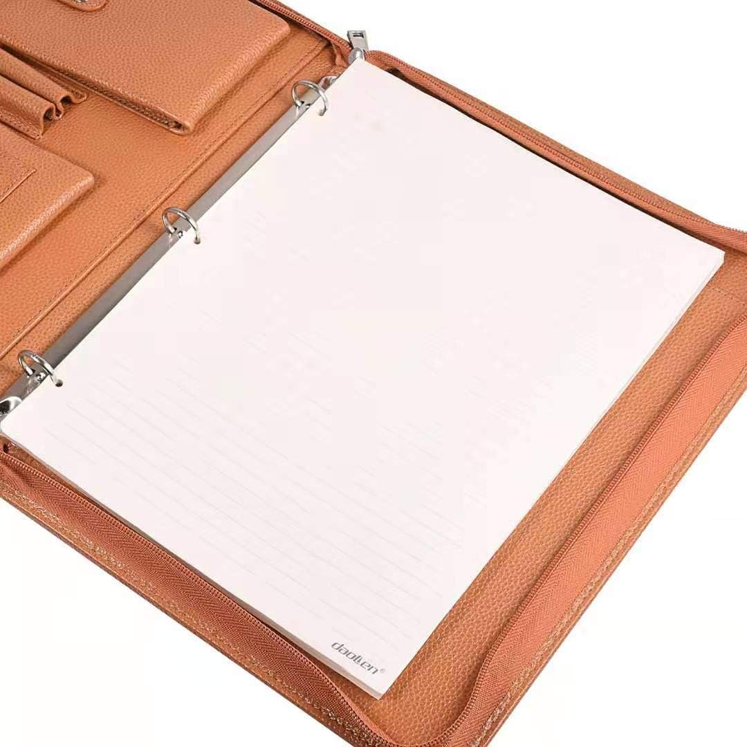 Professional Leather Business Padfolio Portfolio Case, 3 Ring Binder,Zippered Business Document Organizer Tablet Holder Folder Case,with Letter Size Notepad (Brown)