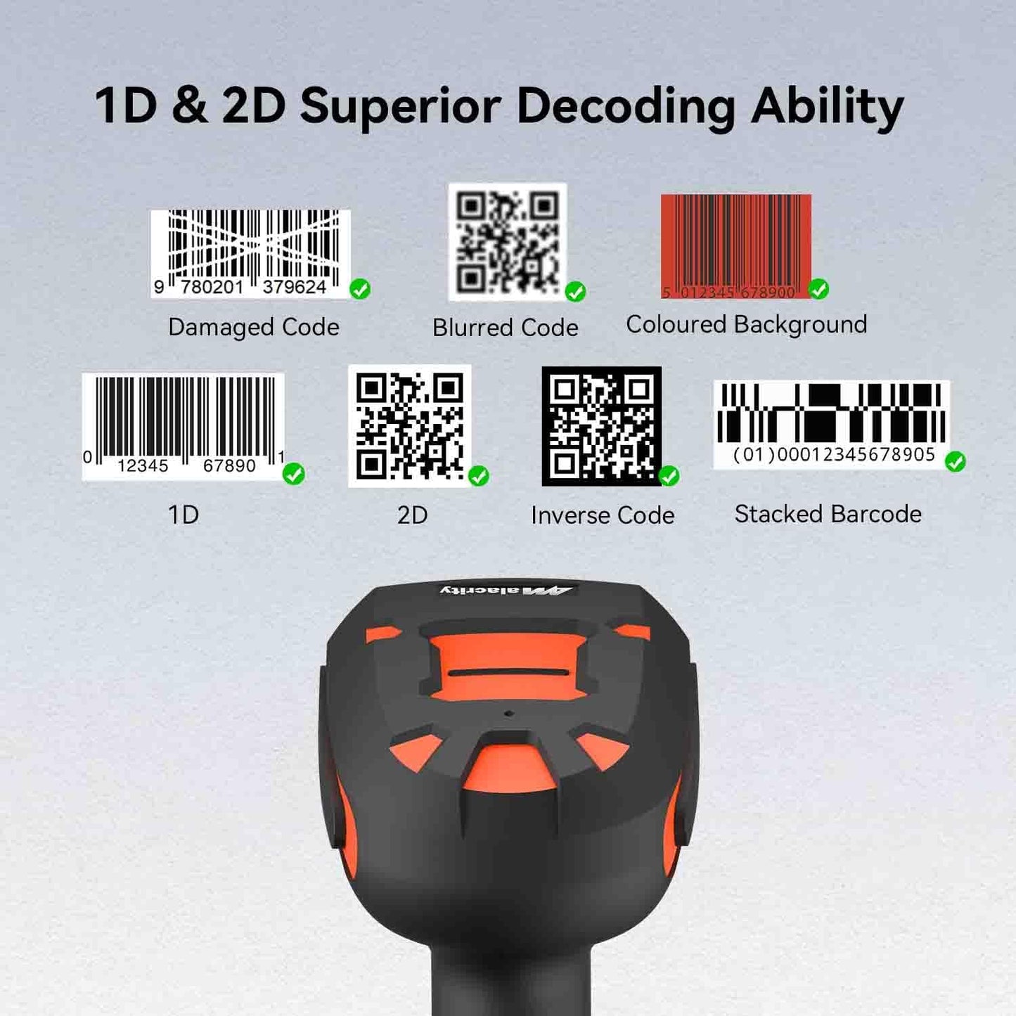 Alacrity Upgraded 2D Industrial Barcode Scanner with Wireless Charging Stand, 1968 Feet Transmission Distance 433Mhz Wireless & Bluetooth 2in1 Barcode Reader, Shock Dust Proof Hands Free, Orange