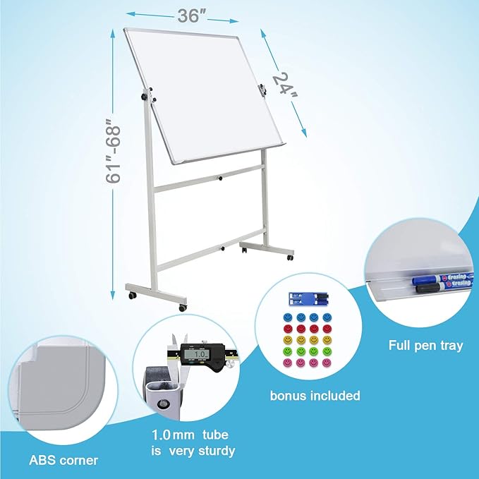 Mobile Dry Erase Board Magnetic Whiteboard on Wheels (Aluminium Frame) 36"x24" Portable White boards with Rolling Stand for Classroom, Office, Home