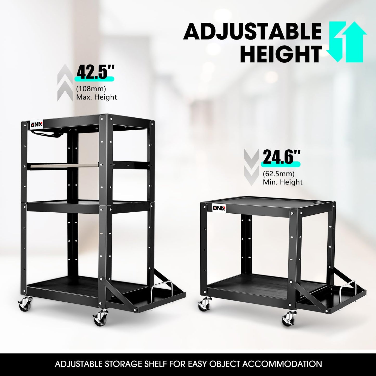 DNA MOTORING Steel AV Cart 3-Layer Rolling Projector Utility Cart, 24" X 18" X 24.6"- 42.5" Height Adjustable, with Wheels, Pullout Keyboard Tray, Power Strip, Cord Management, TOOLS-00497