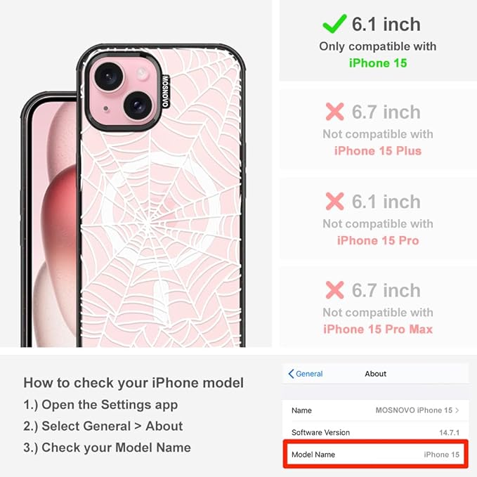 MOSNOVO Magnetic Case for iPhone 15, 10ft Military-Grade Protection, Compatible with Magsafe, Shockproof Phone Case for iPhone 15 - Spider Web - Clear Black