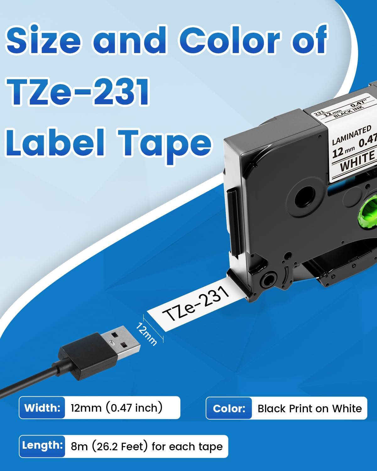 Anycolor Compatible with Brother P Touch Label Tape TZe TZ Tape 12mm 0.47 Laminated White Replace for TZe-231 Label Maker Tape Ptouch PT-D210 PT-D220 PT-H110 PT-D610BT PT-D600 PT-D410 PT-D400, 5pk