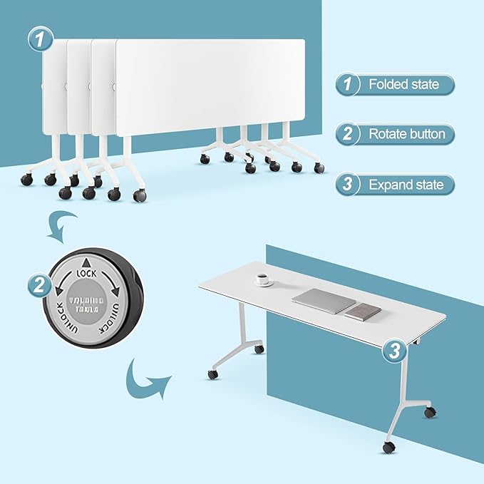 Conference Table, Folding Conference Desk Modern White, Seminar Table with Wheels, 2-10 People for Office, Meeting Break Room (4, 1915, 71IN)