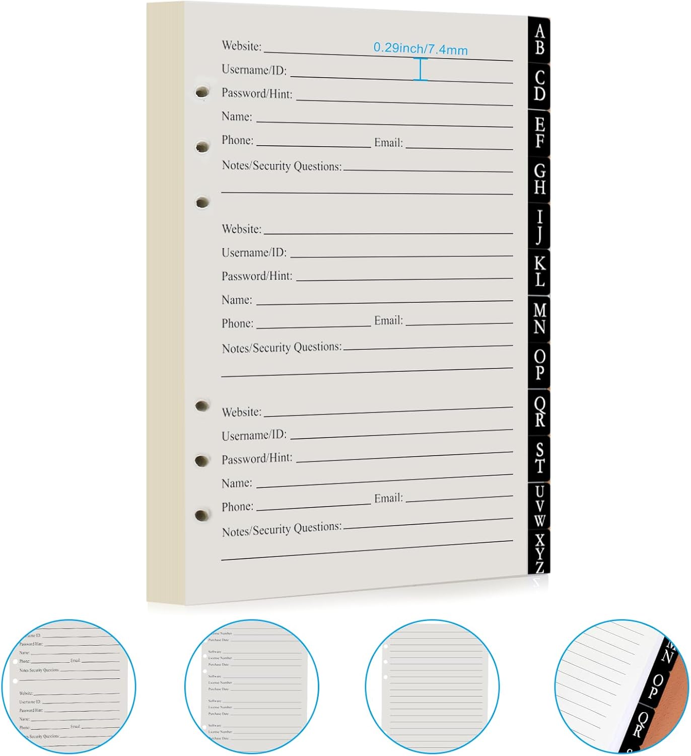 BTSFTOGET Password Book Refill Pages 212 Replacement Pages Internet Log Book, 8.2x5.6in, Large Print 576 Entries Durable Divider with Alphabetical Tabs, For Men Women Seniors Home Office Use