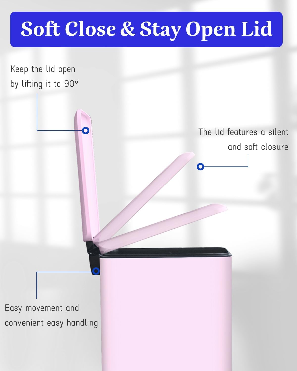 Rubbish Bin with Lid, 10 L, Stainless Steel Bathroom Waste Bin, Small Waste Bin, Pedal Bin, Stainless Steel for Bathroom, Bedroom and Office, Pink