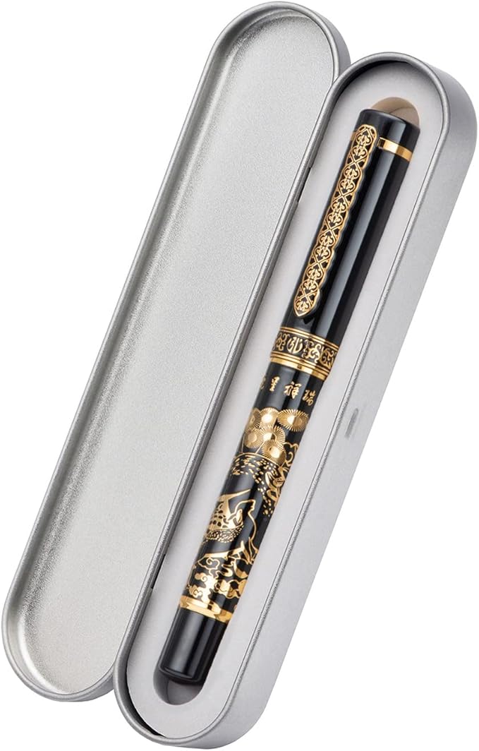Hongdian 8037 Chinese Classical Fountain Pen, Iridum Extra Fine Gold Nib with Chinese Deer Totem Design, Smooth Writing Pen with Ink Converter and Metal Pen Box Set