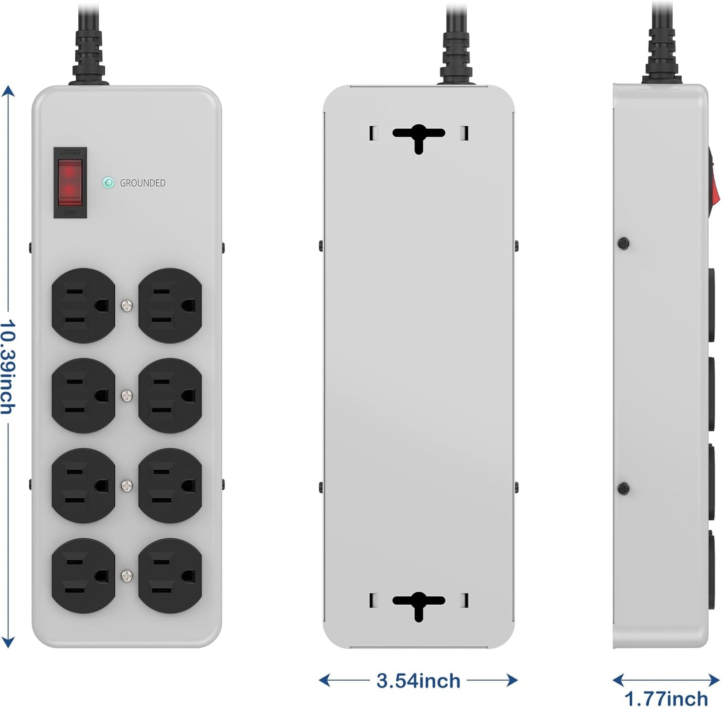 Heavy Duty Power Strip,Industrial Heavy Metal Case Surge Protector,8 AC Outlets,15Amp,2700 Joules,Protected' Indicator,14 Gauge Cord (Grey, 15FT Length)
