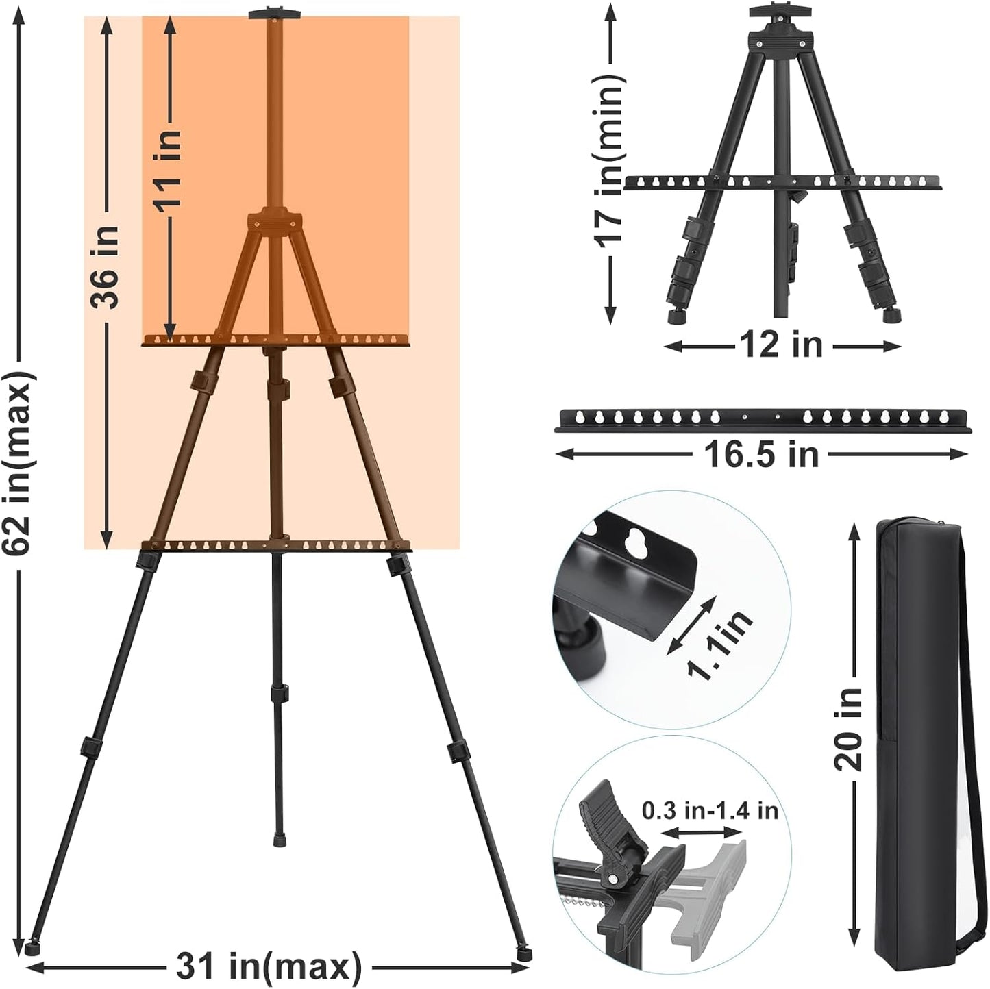 Easel Stand for Sign, Adjuastable Travel Art Canvas Holder with Portable Bag, Metal Tripod Poster Holder Stand Height from 17 to 66 inches, Black