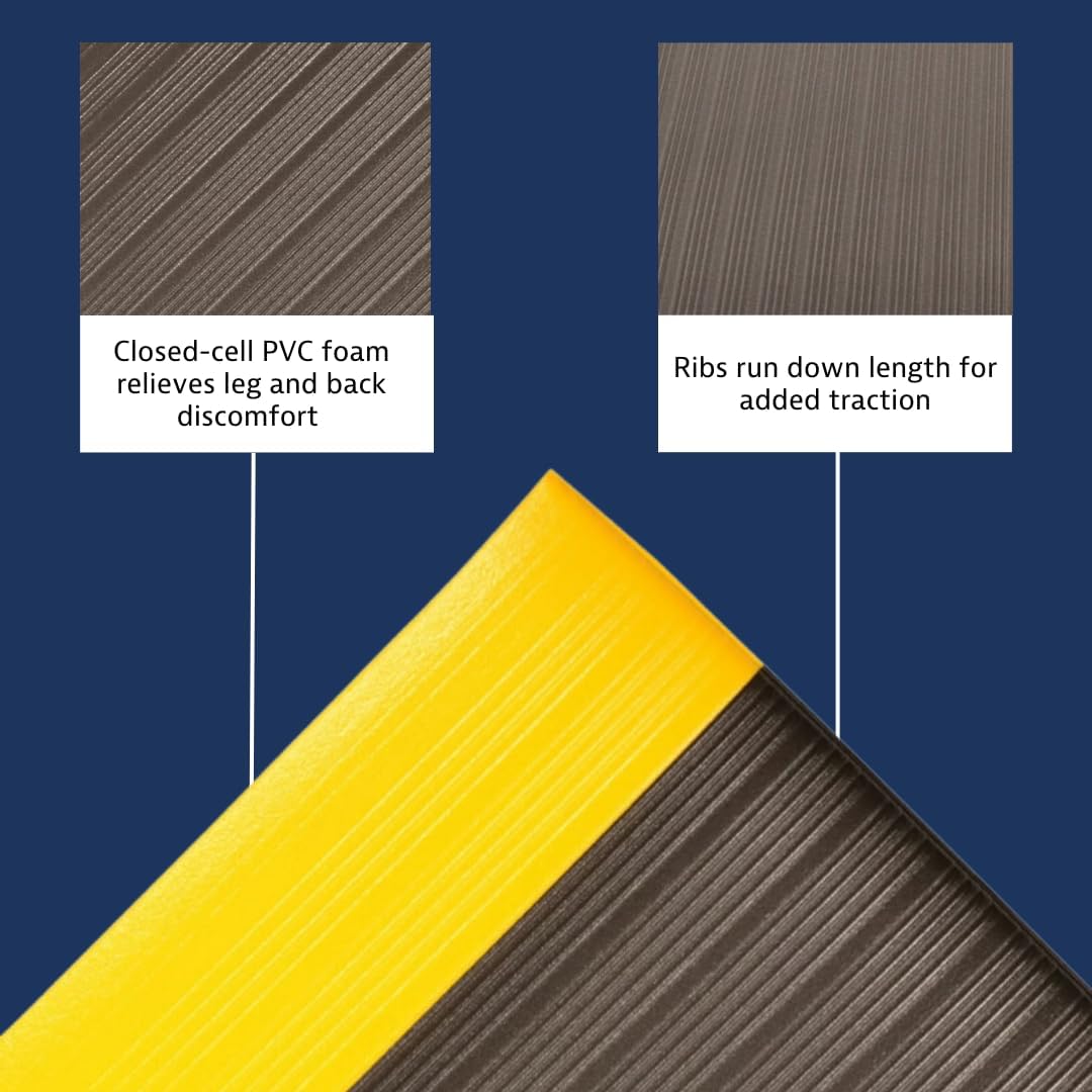 Notrax 410 Airug® 3' x 60' x 3/8" Anti Fatigue Mat, Enhanced Slip Resistance with Beveled Edges and Ribbed Surface, Ideal for Industrial and Commercial Workplaces, Black/Yellow, 410R0336BY