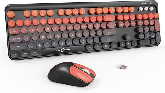 Wireless Keyboard and Mouse Combo, 2.4 GHz Full-Sized Typewriter Keyboard and Mouse Wireless with Round Keycaps for Windows, Computer, Desktop, PC, Laptop (Black Orange)