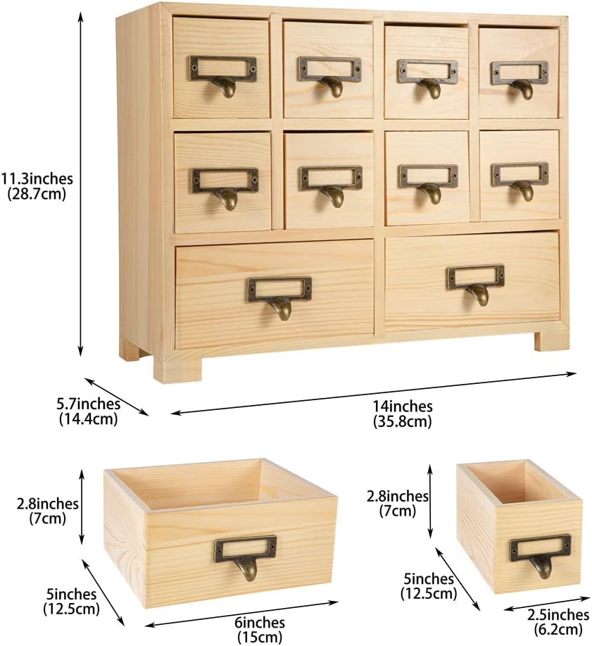 Apothecary Cabinet with 10 Drawers & Labels Rustic Library Card Catalog Cabinet Desktop Wooden Storage Box for Organize Herbal、Tea Bag、Jewelry (Wood)