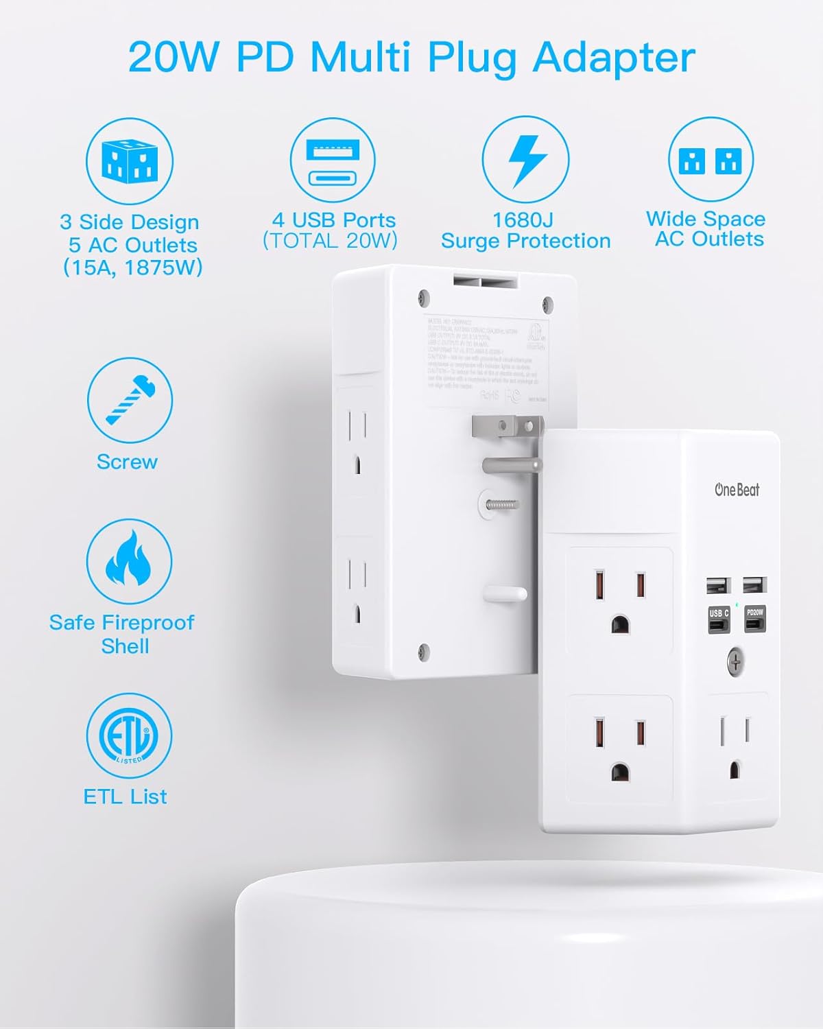 Surge Protector, 5 Outlets Extender with 4 USB Ports(USB C PD20W), 3-Side 1680J Power Strip Multi Plug Outlet Expander, USB Wall Charger, Outlet Splitter Adapter Wall Mount for Home Office(White)