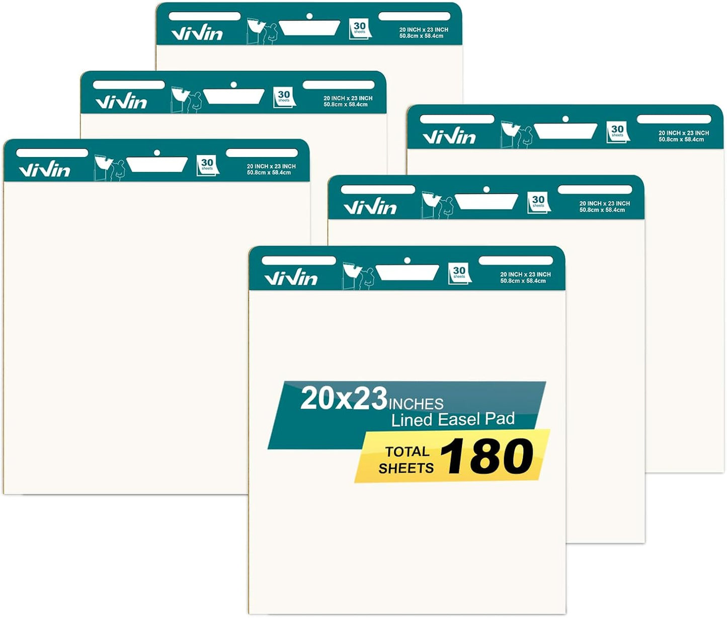 ViVin Sticky Easel Pad, 20 x 23 Inches Flip Chart Paper for Teachers and Students, Self Stick Easel Paper, 30 Sheets/Pad, 6 Pads/Pack