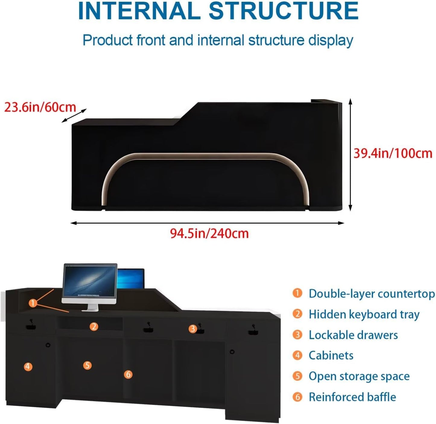 Reception Desk with Counter Modern Front Office Desk Large Reception Room Tables Checkout Counter Reception Table for Retail Lobby Beauty Salons E 94inch/240cm
