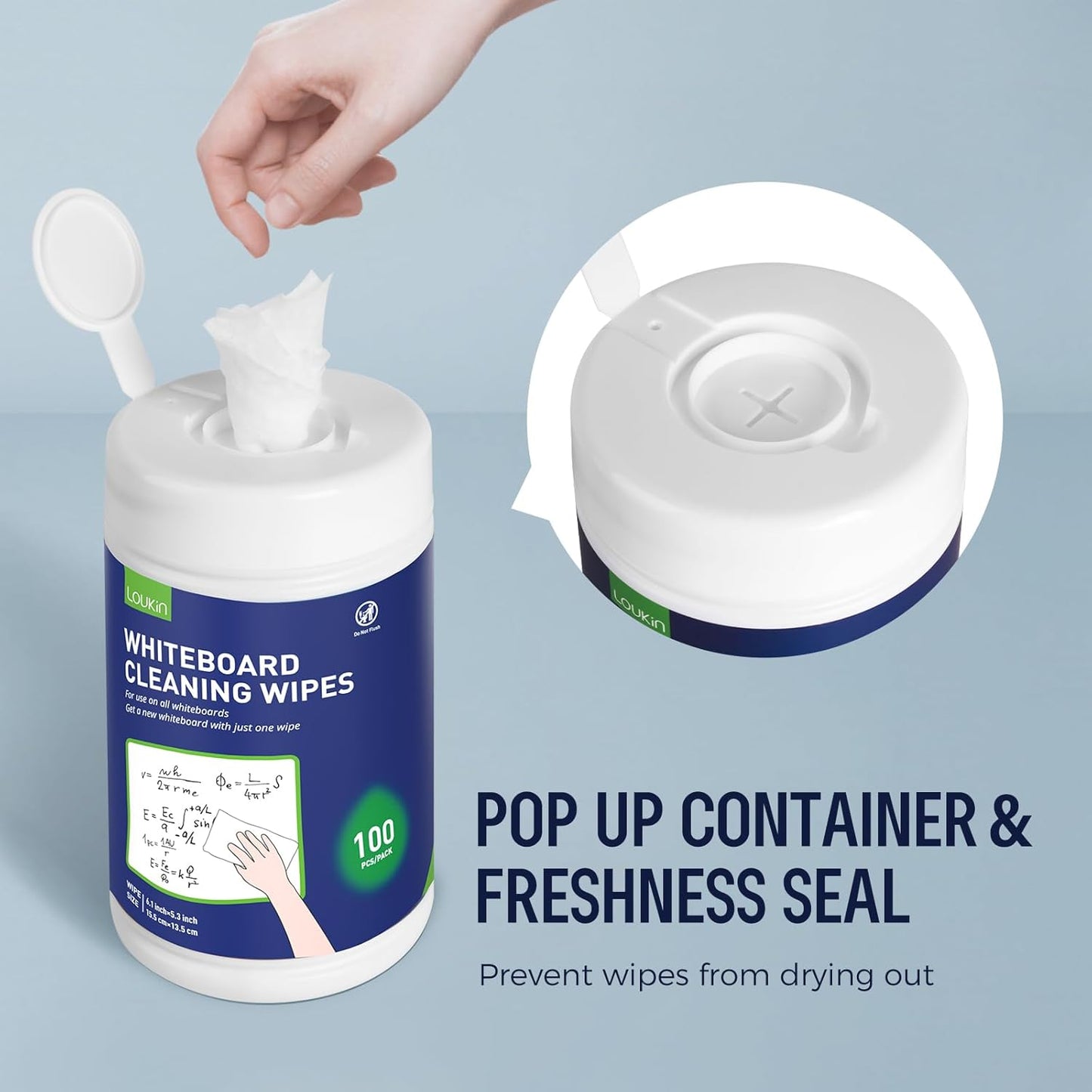 Loukin Whiteboard Cleaning Wipes, Dry Erase Board Cleaning Wipes, Non-toxic Whiteboard Wipes, 100 Wipes per Canister, 3 Pack