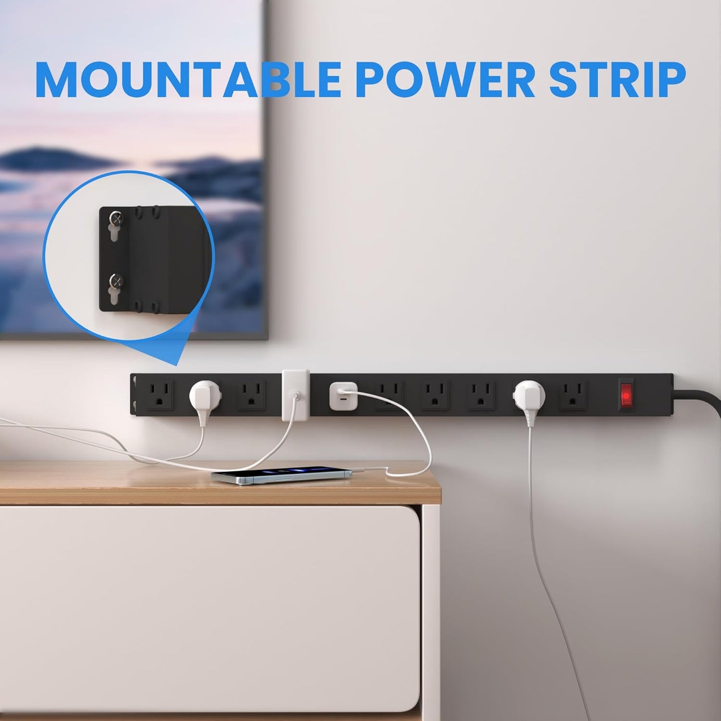 10 Outlet Power Strip 6FT Long Extension Cord Heavy Duty Power Strip Wall Mount Outlet Metal for Kitchen,Office,School,Garage,Workshop,Industrial,125V/15A/1825W,Black(6FT)