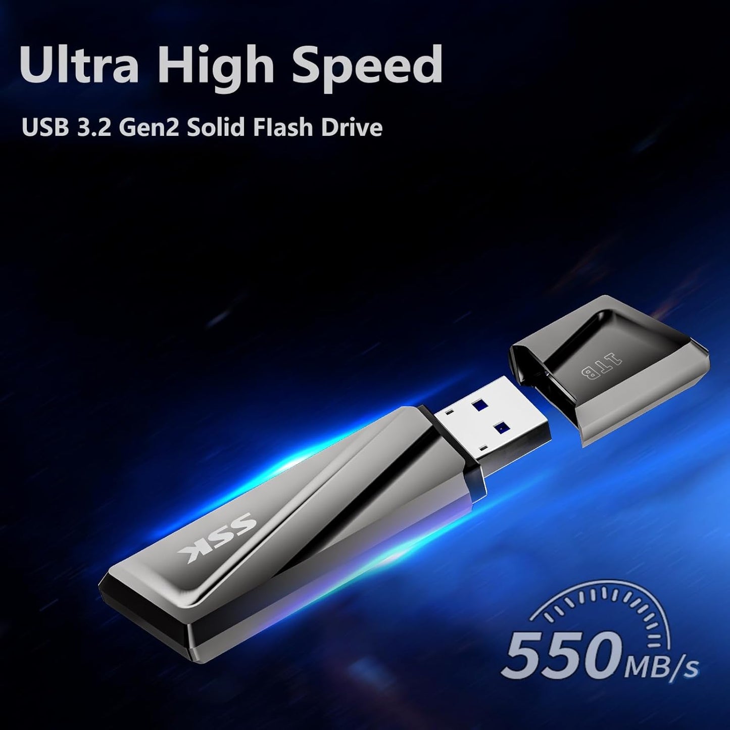 SSK 1TB USB Flash Drive 550MB/s USB3.2 Gen2 SSD Thumb Drive Fast Transfer Speed Externel Solid State Drive with USB C Adapter USB-C Memory Stick for Type-C Smartphone,MacBook/Pro/Air Laptop and More