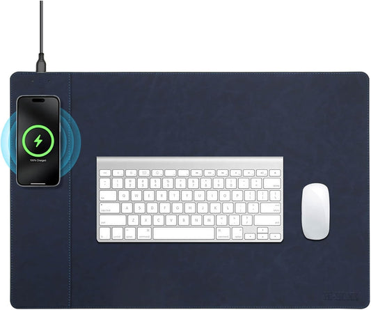 Magnetic Wireless Charging Desk Mat, 23.4''x15.6'' Large Office Mouse Pad, Microfiber Leather Mouse Mat with Ultra-Smooth Surface, Waterproof Computer Keyboard Desk Mat for Office & Home, Laptop, Blue