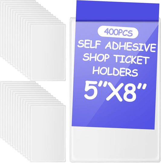 Outus Self Adhesive Shop Ticket Holders Clear Plastic Sleeves Adhesive Pockets Work Order Job Ticket Holders for Home Office Posting Signs(5 x 8 Inch,400 Pcs)