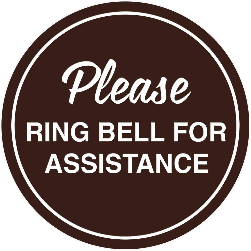 Signs ByLITA Circle Please Ring Bell For Assistance Wall or Door Sign | Easy Installation | Front Desk Reception Sign (Dark Brown) - Large (1 Pack)