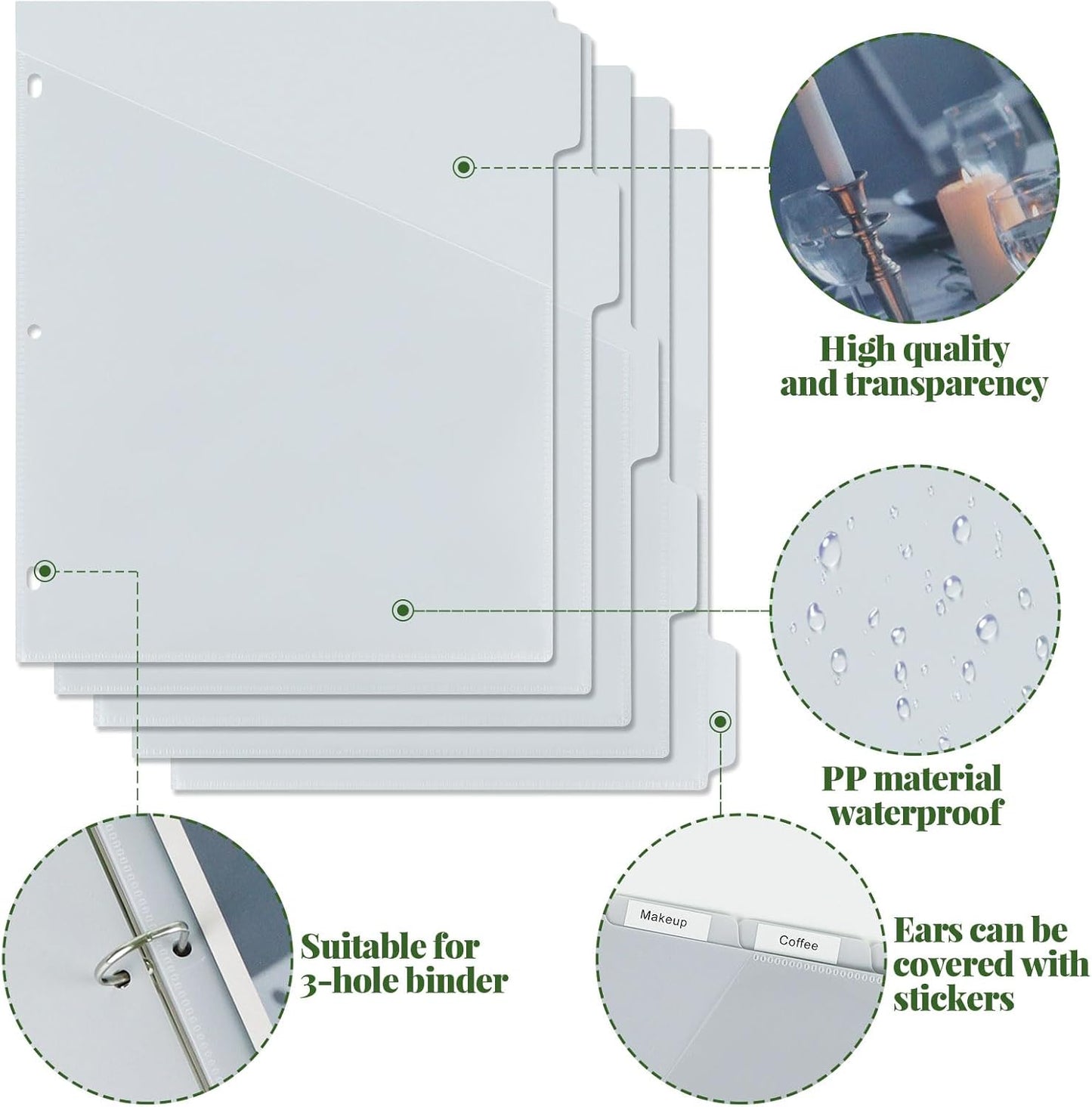 Koqye 5 Tab Dividers for 3 Ring Binder with Pockets, Plastic, Letter Size, Grey