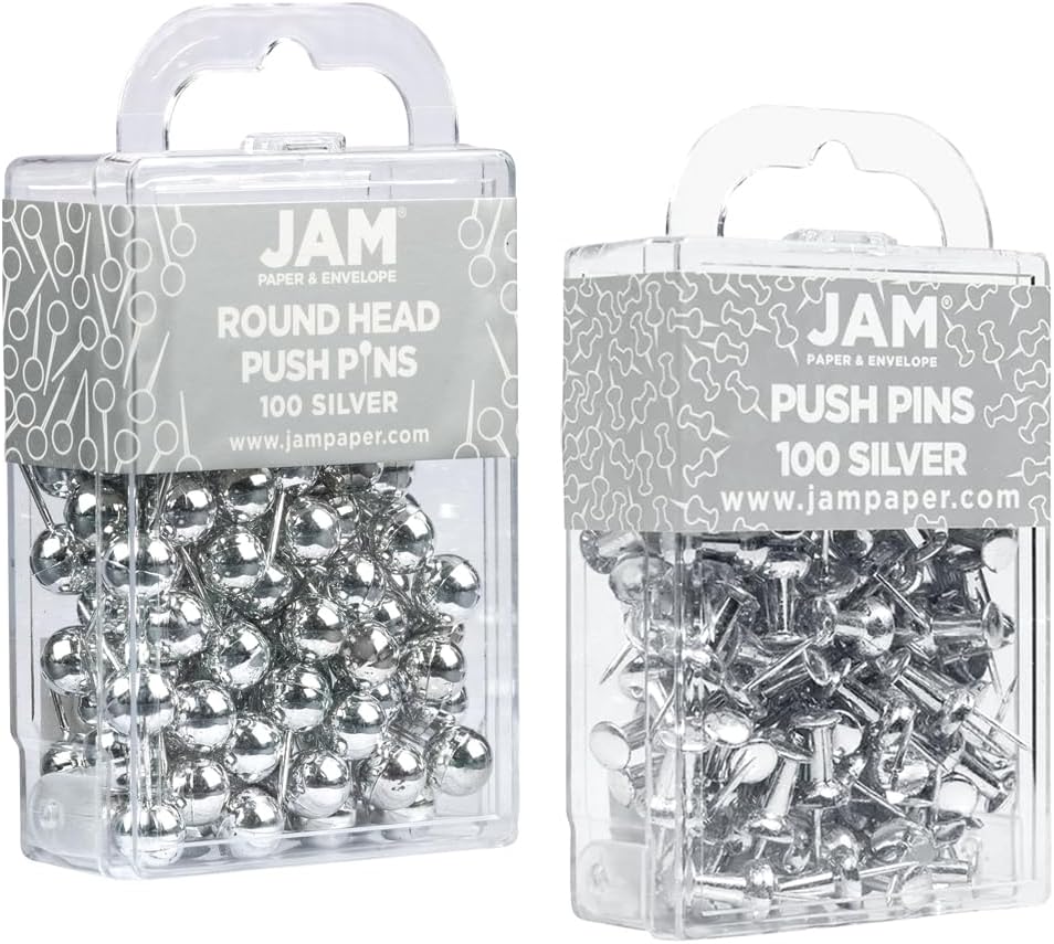JAM PAPER Colorful Push Pins - Flat & Round Head Thumb Tack Combo Set - Silver Pushpins - 200/Pack