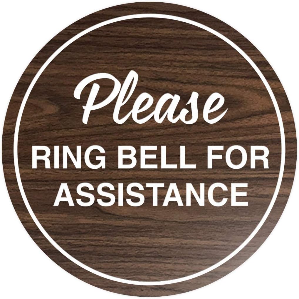 Signs ByLITA Circle Please Ring Bell For Assistance Wall or Door Sign | Easy Installation | Front Desk Reception Sign (Walnut) - X-large (1 Pack)
