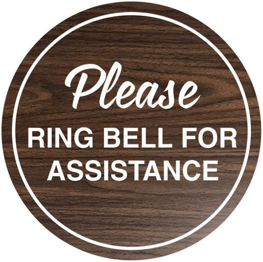 Signs ByLITA Circle Please Ring Bell For Assistance Wall or Door Sign | Easy Installation | Front Desk Reception Sign (Walnut) - Medium (10 Pack)