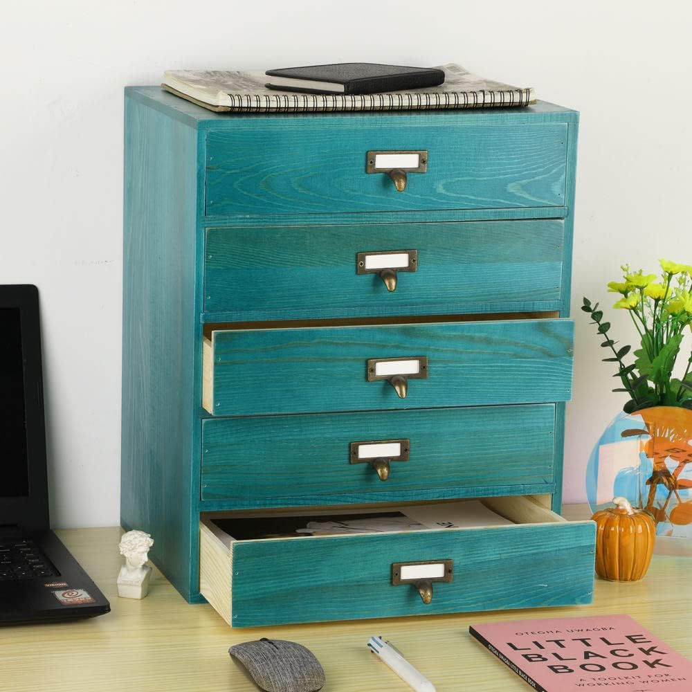 Large Wooden Drawers Rustic Desk Organizers and Accessories Wooden Storage Dox with Drawer Paper Storage Drawers Wood File Organizer Library Card Catalog Cabinet Apothecary Cabinet (L-BLUE)