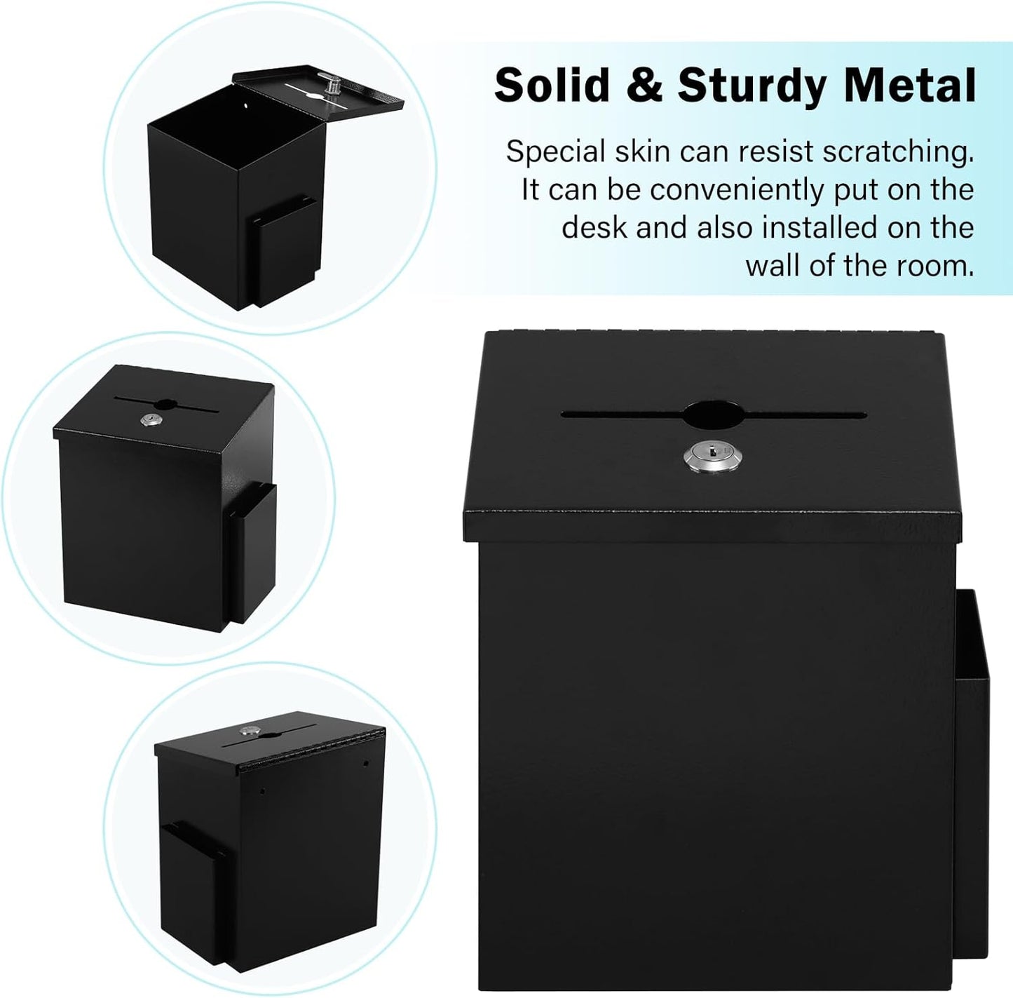 xydled Wall Mounted Ballot & Donation Box with 50 Suggestion Cards, Metal Suggestion Box with Key Lock, Collection Box, Black, 8.7"x 5.9"x7.1"