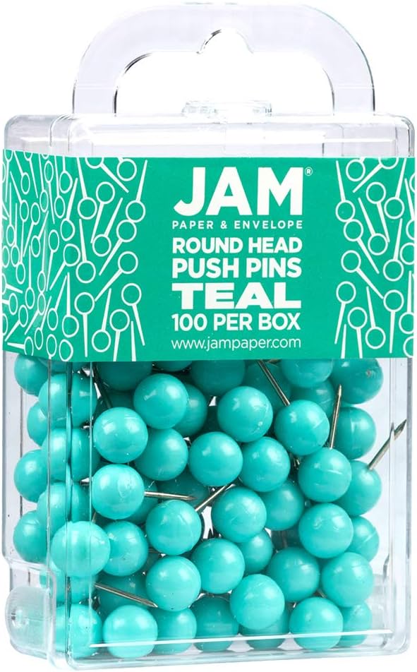JAM PAPER Colorful Push Pins - Round Head Map Thumb Tacks - Teal Pushpins - 100/Pack