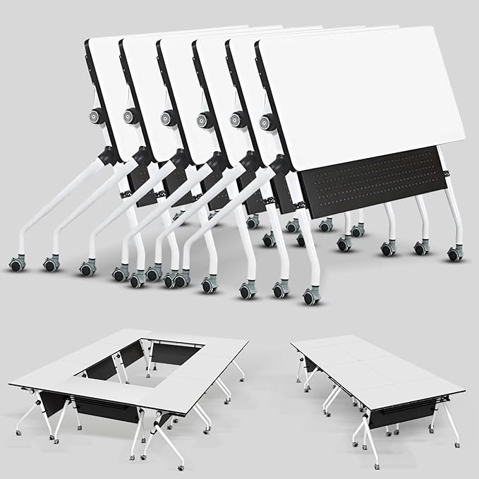 Conference Table, Folding Conference Room Tables, Mobile Training Tables with Silent Wheels, Large Rectangular Modular Seminar Table Office Computer Desks for Classroom White (6Pack L47.2in)