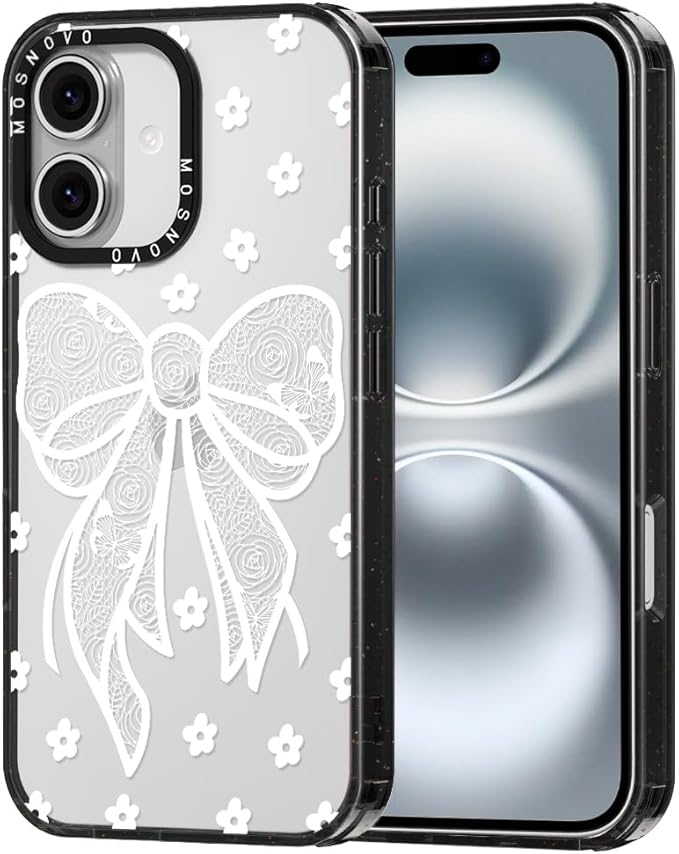 MOSNOVO Case for iPhone 16, [10ft 4X Military-Grade Drop Protection] Durable & Shockproof Phone Case Cover Design for iPhone 16 - Lacey Bow - Clear Black