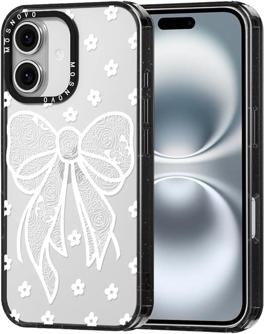 MOSNOVO Case for iPhone 16, [10ft 4X Military-Grade Drop Protection] Durable & Shockproof Phone Case Cover Design for iPhone 16 - Lacey Bow - Clear Black