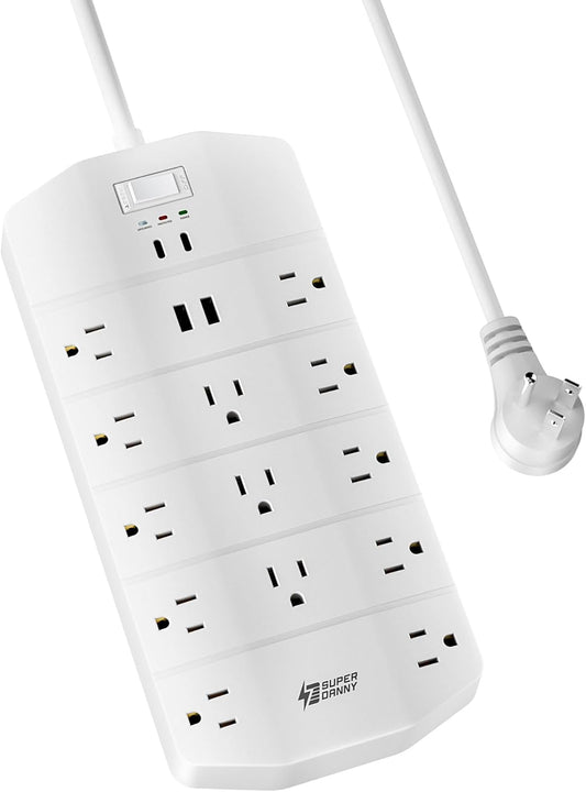 Power Strip,SUPERDANNY 5000 Joules Surge Protector with 13 AC Outlets 2 USB-A & 2 USB-C PD 20W Fast Charging Heavy Duty 14AWG/3C Industrial Grade 6ft Extension Cord for Workbench Home Office White