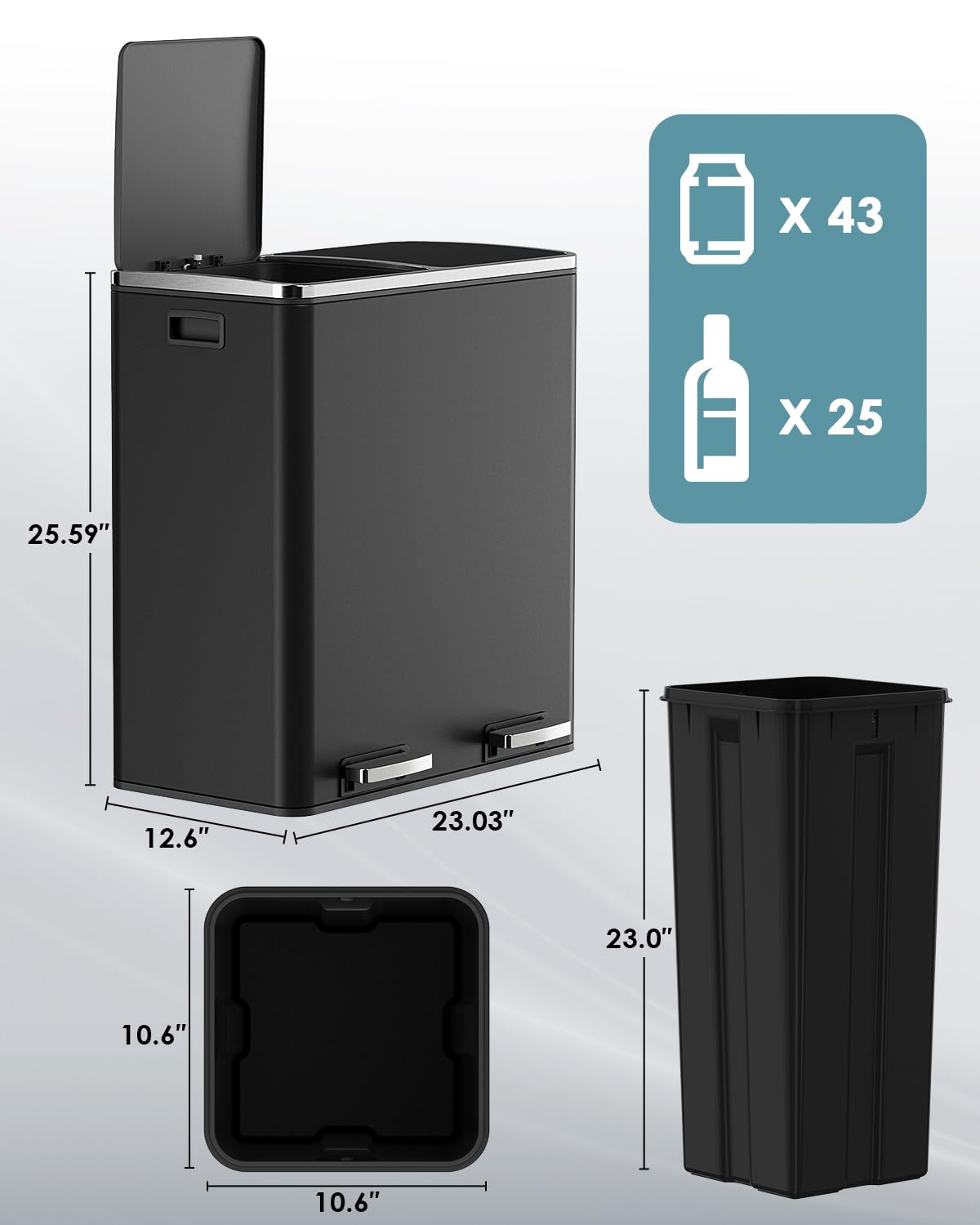 AthLike 60L(16 Gal) Dual Trash Can, Stainless Steel Kitchen Garbage Can, Double Compartment Classified Rubbish Bin, Recycle Dustbin w/Plastic Inner Buckets, Soft-Close Lid, Airtight, Black