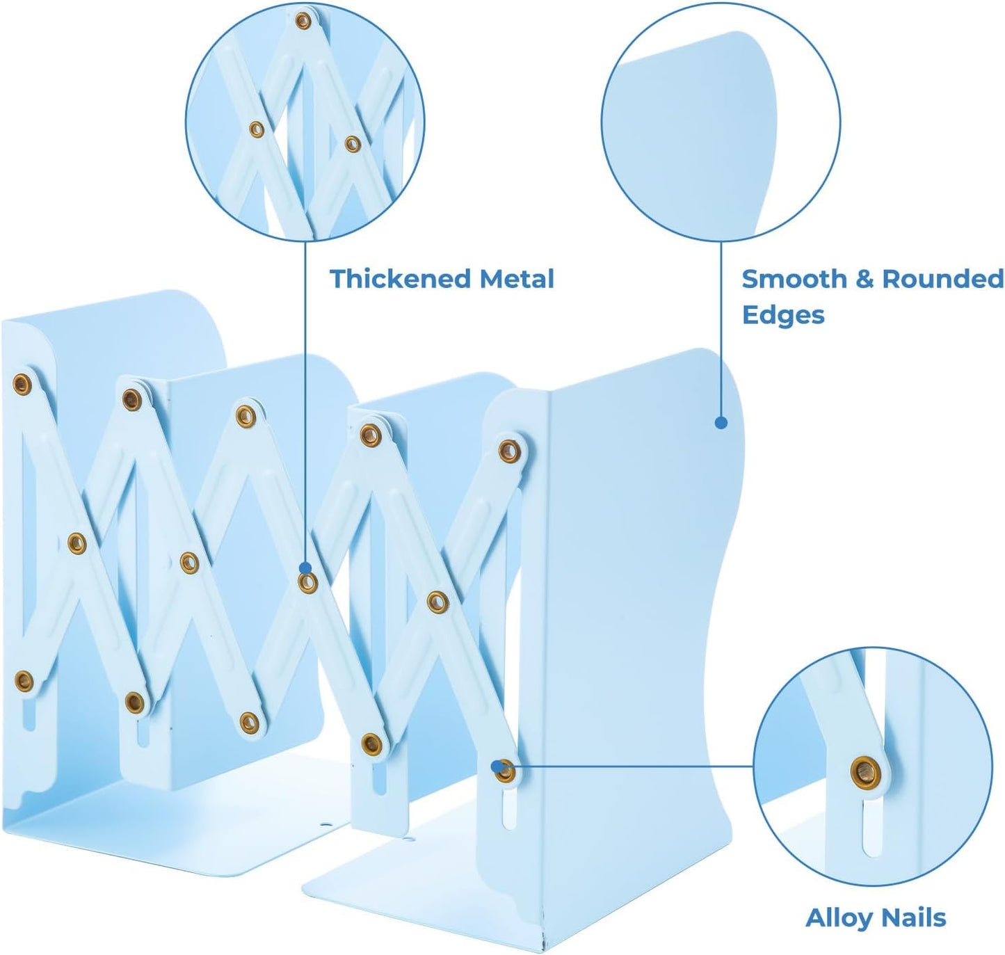 M&G Adjustable Bookends Book Ends for Shelves, Metal Bookend for Heavy Books, Desk Magazine File Organizer Holder Extends up to 20in, Book Stopper for Home, Office, Classroom (Blue)