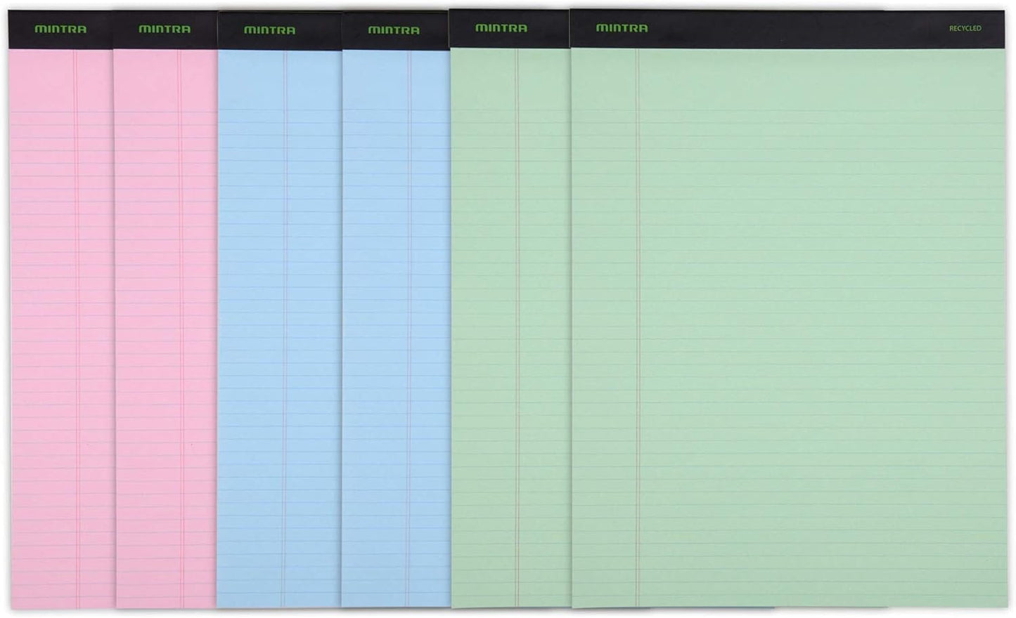 Mintra Office Legal Pads, ((Basic 6pk - (Pastel Version #3), 8.5in x 11in, Narrow Ruled)) - Includes 2 Blue Writing Pads, 2 Pink Writing Pads and 2 Green Writing Pads