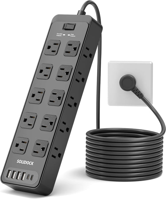 Power Strip Surge Protector Flat Plug with 20 AC Outlets 6 USB Chagring Ports, 1875W/15A, 2700J, 10 Ft Heavy Duty Extension Cord for Home, Office, Dorm, Gaming,ETL Listed (Black, 10 Feet)