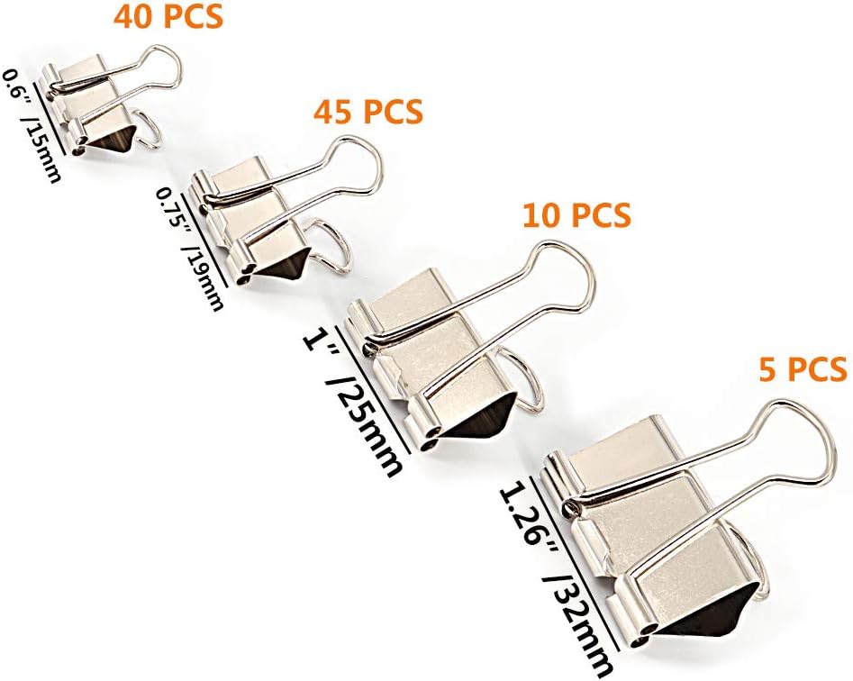 Binder Paper Clips, Assorted Sizes Set (Mini, Small, Medium, Large) for Office School and Home Supplies (Silver)