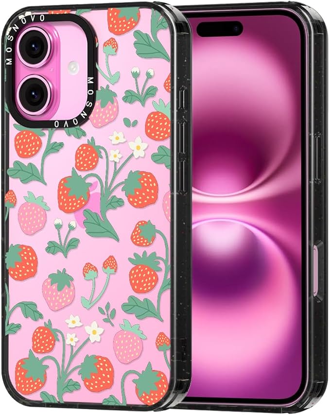 MOSNOVO Case for iPhone 16 Plus, [10ft 4X Military-Grade Drop Protection] Durable & Shockproof Phone Case Cover Design for iPhone 16 Plus - Strawberry Garden - Clear Black