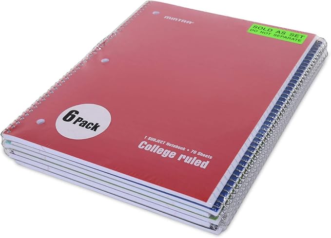 Mintra Office Spiral Notebooks - 1 Subject, Poly Cover, 70 Sheets, College Ruled, 8in x 10in, Bulk Pack, Primary Color Waterproof Covers, Set of 6 - for School, Office, Business, Professional (04659)