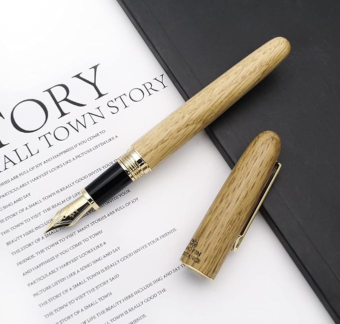 JINHAO 9036 Natural Wood Fountain Pen Handmade Ink Pen (Fine Nib 0.5mm, Oak Wood)