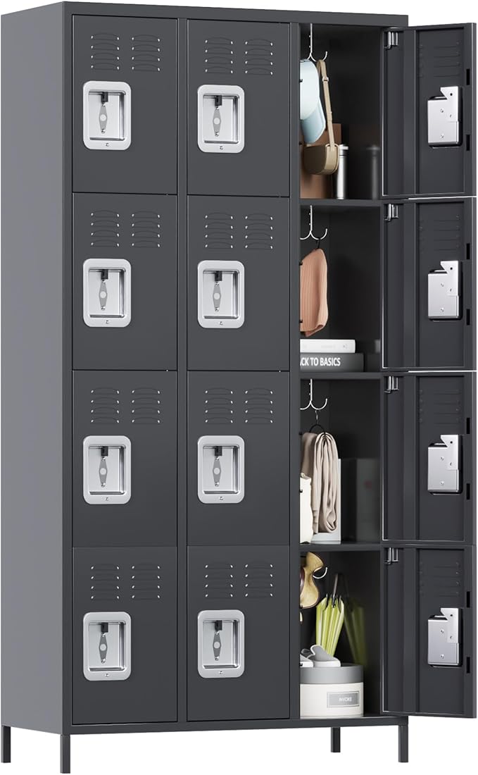 Metal Lockers for Employees with 12 Door and 12 Hooks,Metal Storage Locker with Lock for School Office Gym Bedroom,Assembly Required,Dark Grey