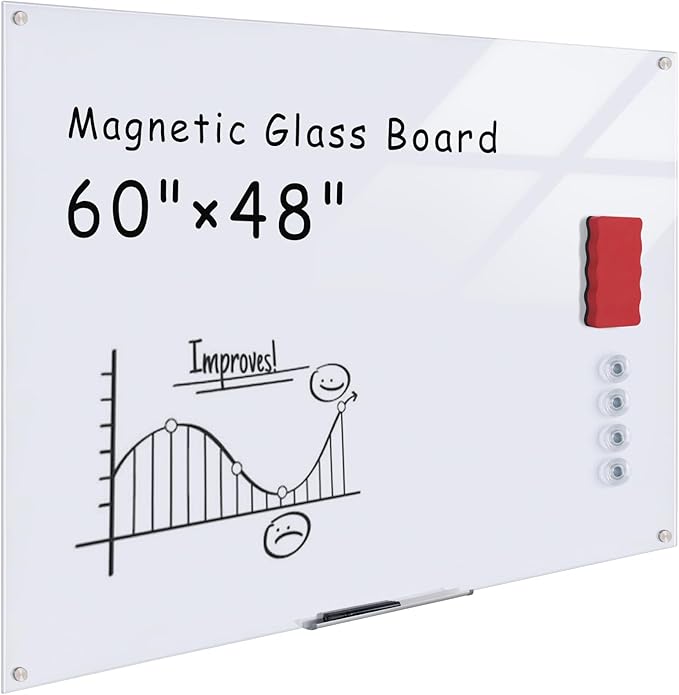 Magnetic Glass Whiteboard，60"x48" Wall Mounted Frameless Dry Erase Board for Office, Home & School Ultra White